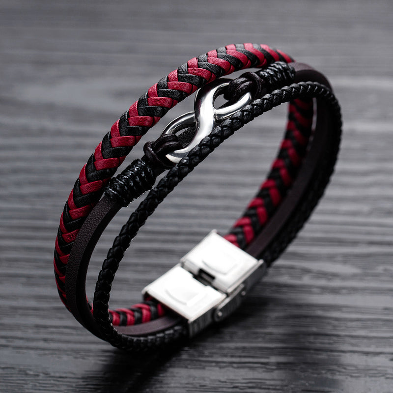 Leather Woven Titanium Steel Red And Black Color Leather Male Bracelet