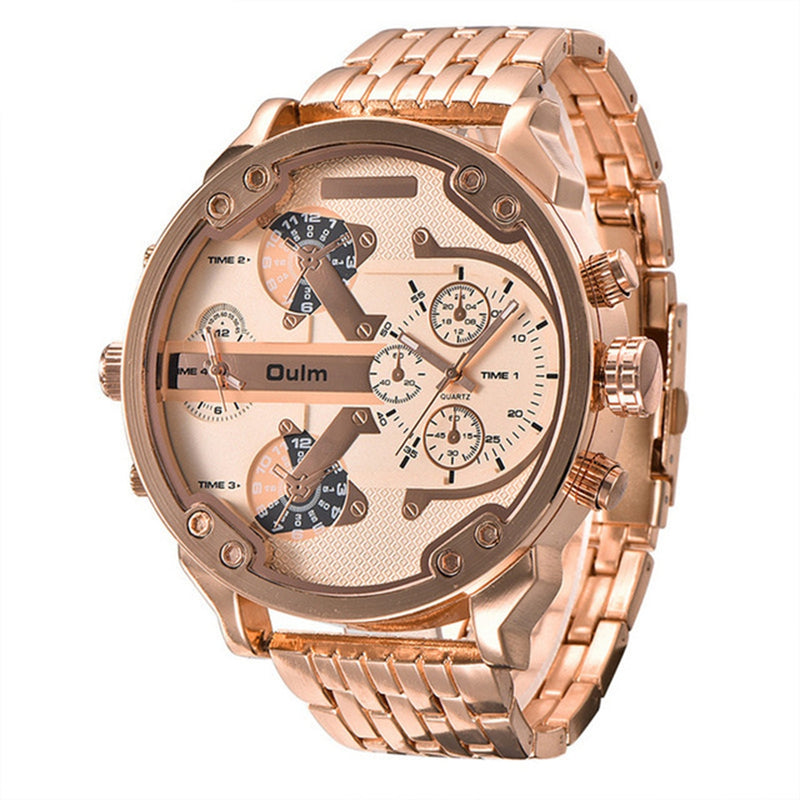 OULM 3548 Unique Design Full Steel Men Wrist Watch Three Time Zones Quartz Watches
