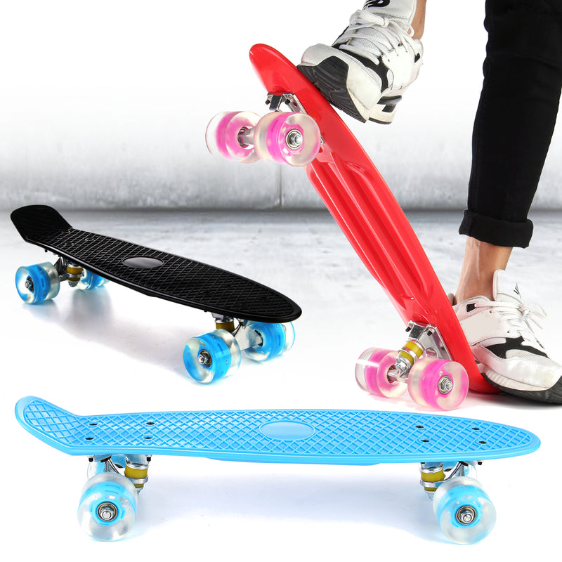 22'' LED Light Up Fish Skateboard 4 PU Wheel Single Warping Board Teenagers Kids Skateboard