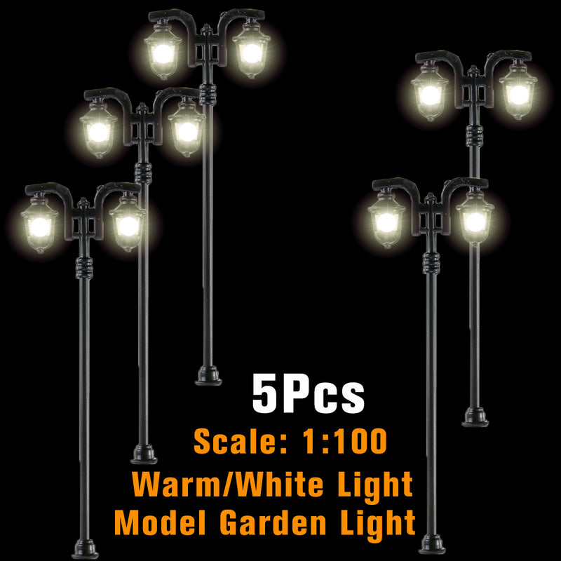 5Pcs/Set 1: 100 HO Scale LED Model Garden Lights Street Light Road Lamps 2-Head