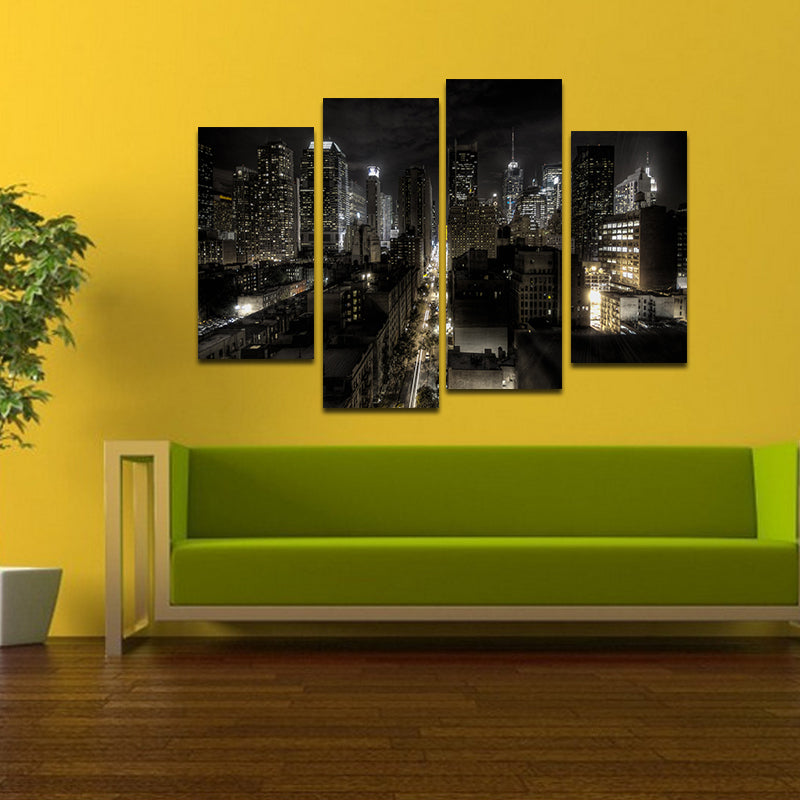 Miico Hand Painted Four Combination Decorative Paintings Dark Night City Street Wall Art For Home Decoration