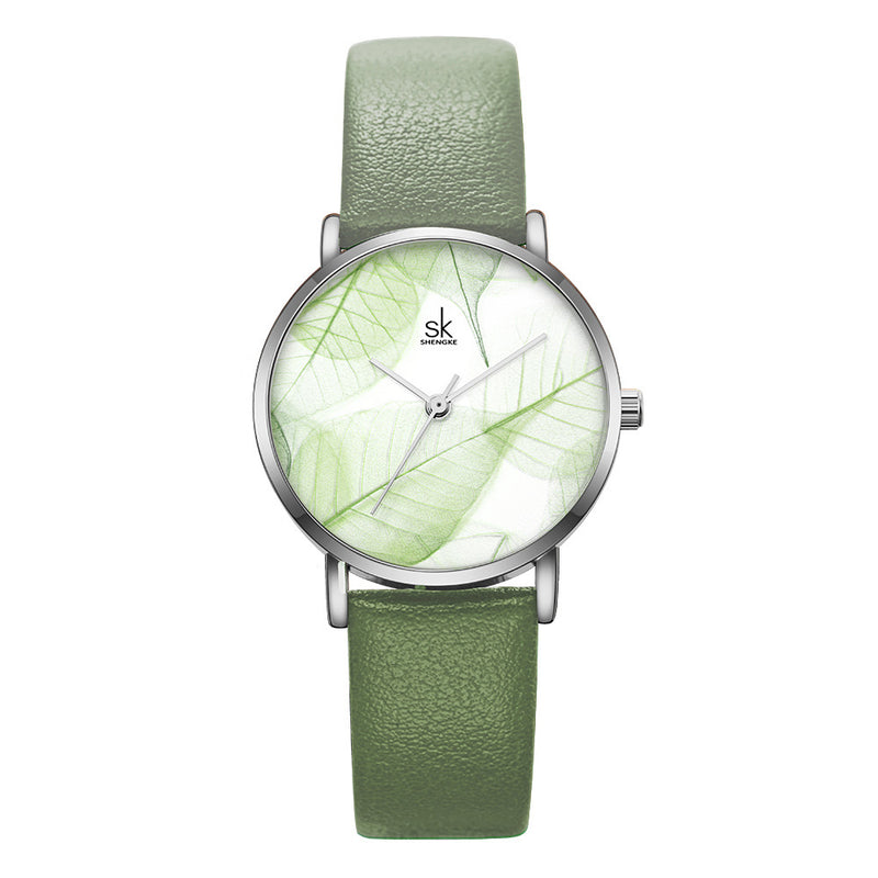 SHENGKE SK K0108 Spring Jade Green Calm Brown Leaf Dial Fashion Leather Strap Women Quartz Watch