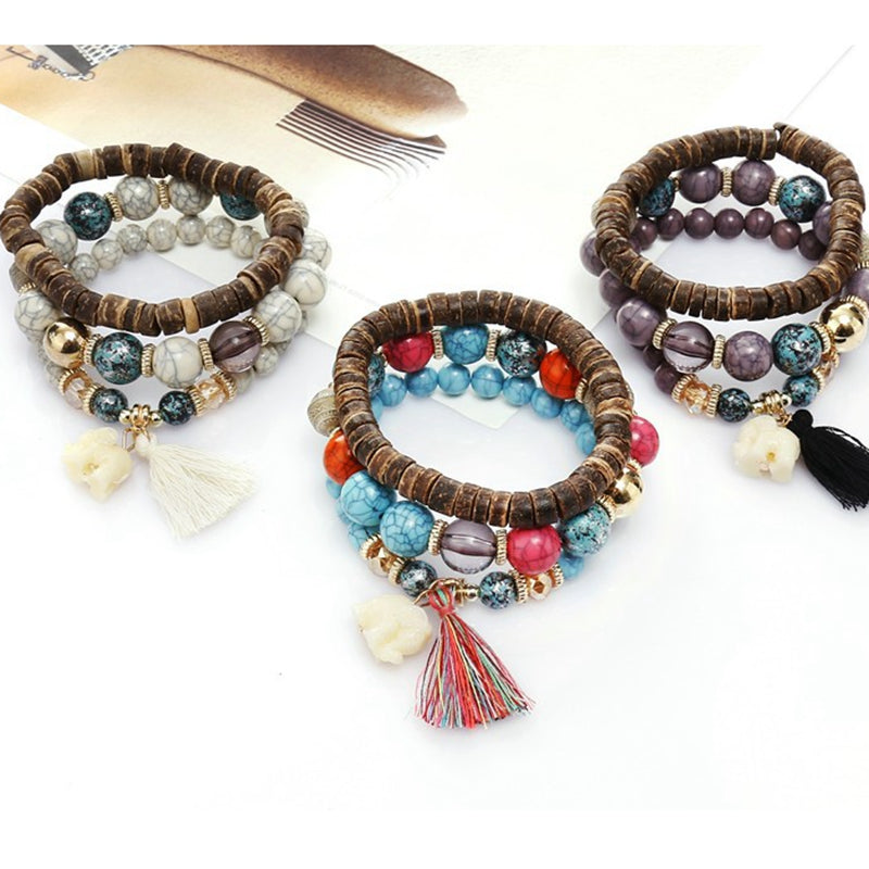 Bohemian Multi-Layer Wooden Tassels Bracelet Cutely Elephant Beaded Bracelet