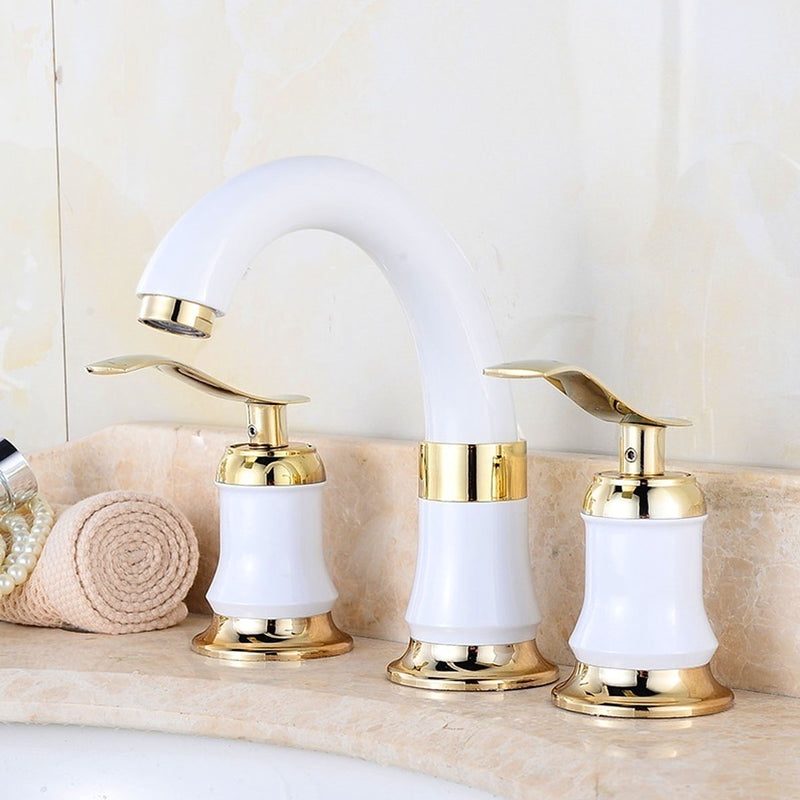 Basin Sink Faucet Hot and Cold Water Deck Mount Bathroom Mixer Taps W/2 Handles