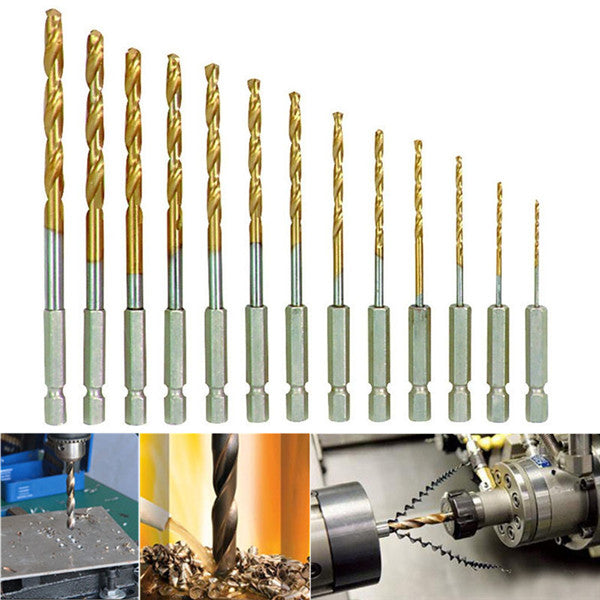 13pcs 1/4 Inch Hex Shank 1.5-6.5mm HSS Titanium Coated Drill Bit Set