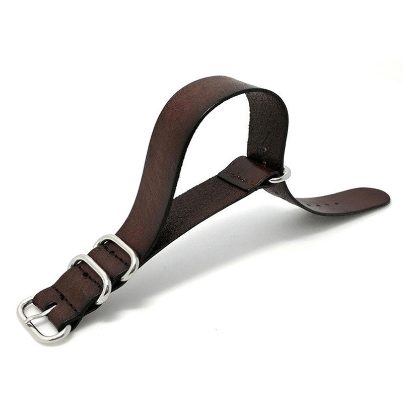 18/20/22mm Kraft Layer Leather Watch Strap Stainless Steel Rings Watch Band