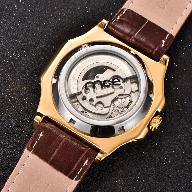 Gold Case Men Watch Moon Phase Business Style Leather Strap Automatic Mechanical Watch