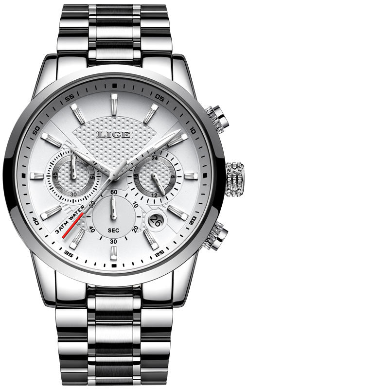 LIGE 9866 Chronograph Full Steel Band Men Wrist Watch Luminous Display Quartz Watch