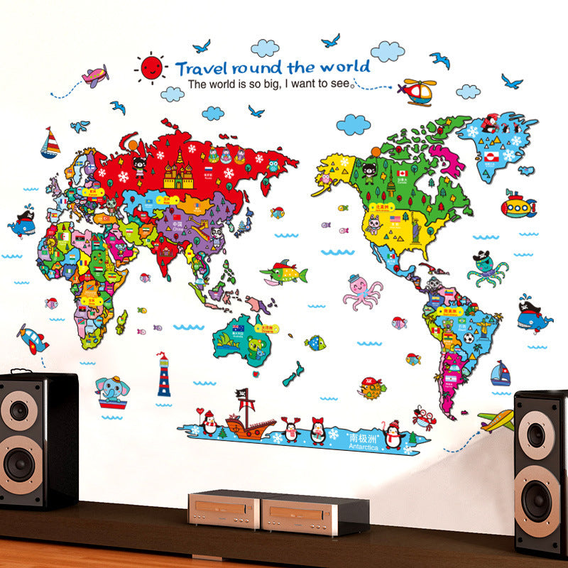 Cartoon Animals World Map Wall Stickers for Kids Room Decorations Safari Mural Art Zoo