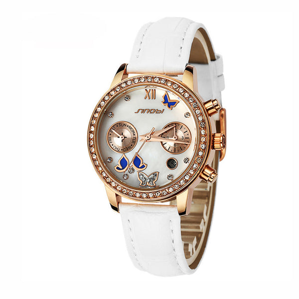 SINOBI 6556 Crystal Case Butterfly Women Leather Strap Ladies Dress Quartz Watch