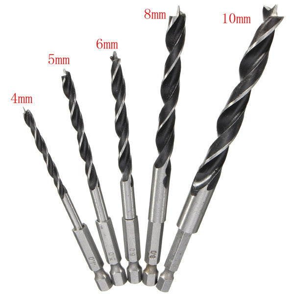 5pcs 4-10mm Hex Shank Wood Working Auger Drill Bit Four Slot Four Blade Bore Hole Twist Drill
