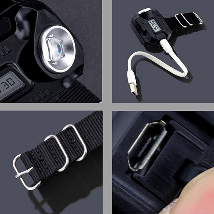 XPE Q5 LED IPX6 Waterproof Multifunction Wrist Watch Flashlight Bicycle Torch Light USB Charging