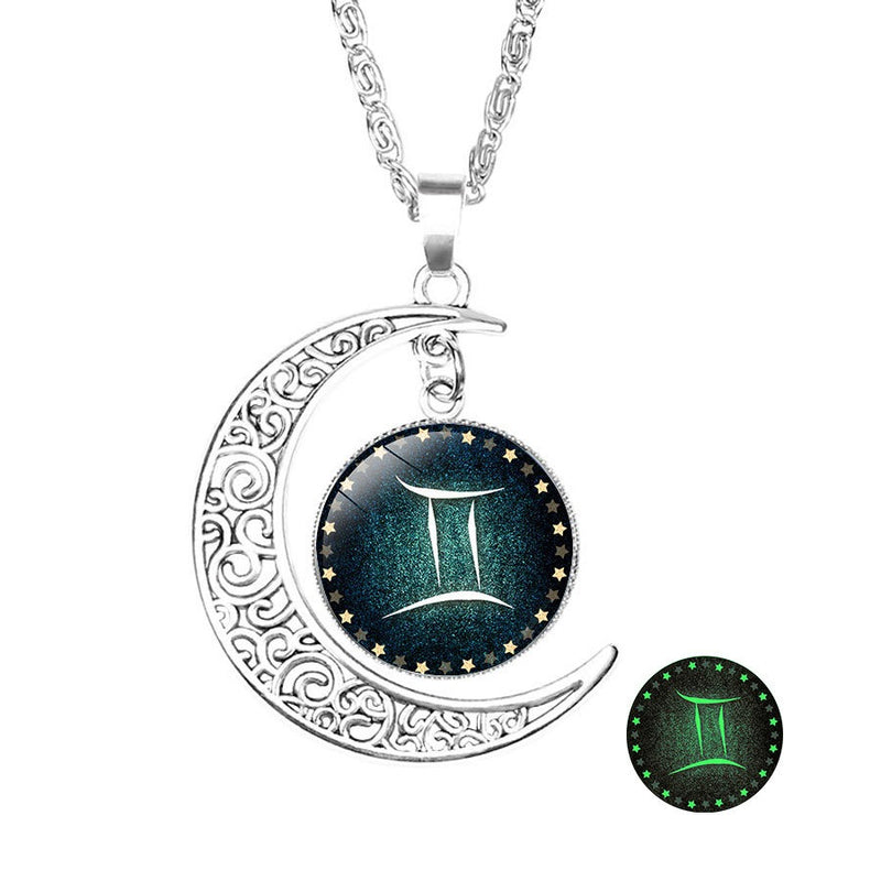 Retro Style Pendant Necklace Luminous 12 Constellation Crescent Necklace Gift For Girl