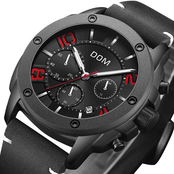 DOM M-1229BL Sport Men Watch 3ATM Waterproof Chronograph Luminous Display Genuine Leather Quartz Watch