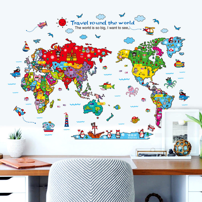 Cartoon Animals World Map Wall Stickers for Kids Room Decorations Safari Mural Art Zoo