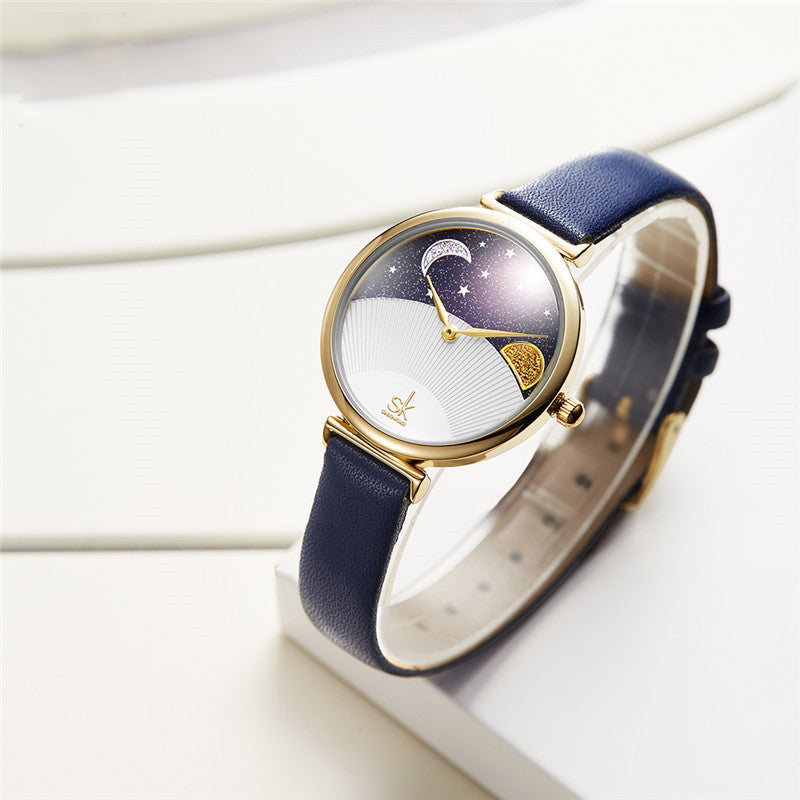 SHENGKE SK K0124 Starry Sky Good Night Stars Moon and Sun Patterns Fashion Women Leather Strap Quartz Watch