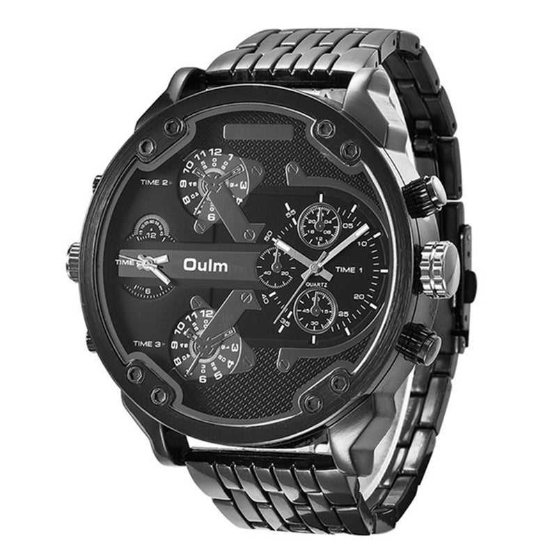 OULM 3548 Unique Design Full Steel Men Wrist Watch Three Time Zones Quartz Watches