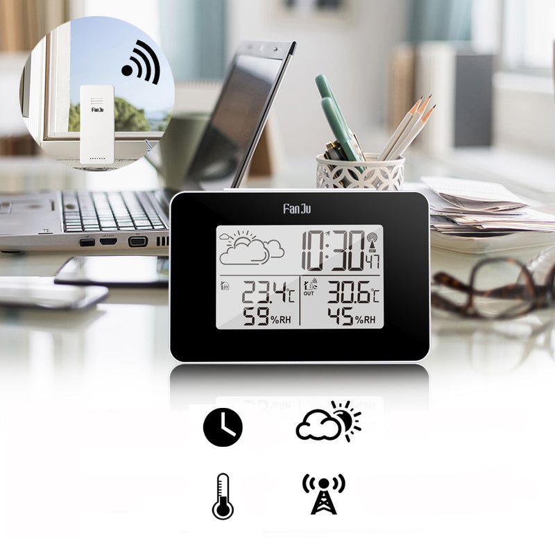 FanJu FJ3364 Digital Alarm Clock Weather Station Wireless Sensor Hygrometer Thermometer Multi-function LED Desktop Table Clock