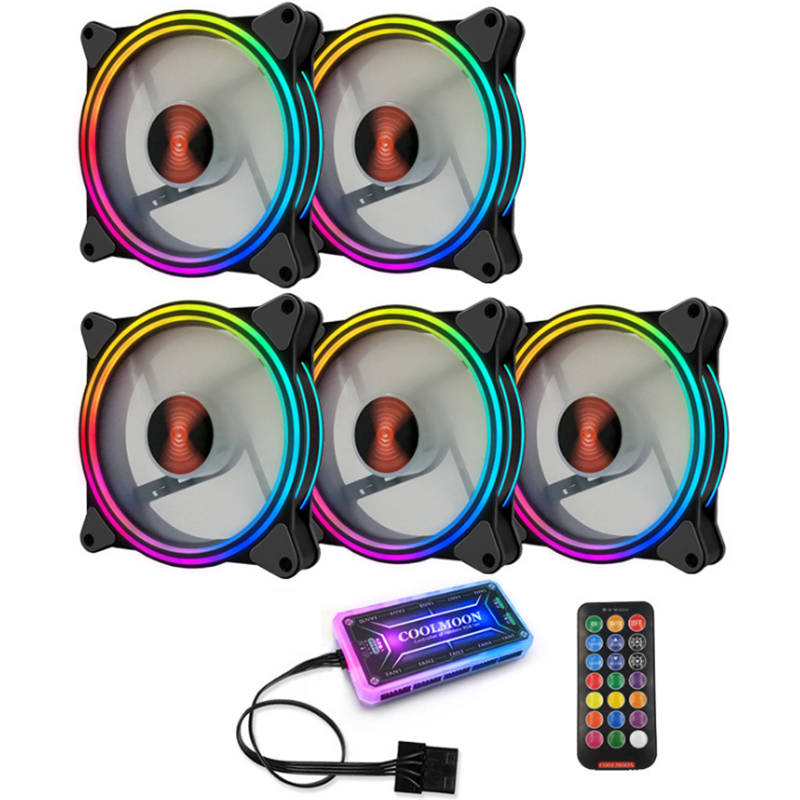 Coolmoon 5PCS 120mm RGB Adjustable LED Cooling Fan Multiple Thin Apertures CPU Cooling Fan with the Remote Control