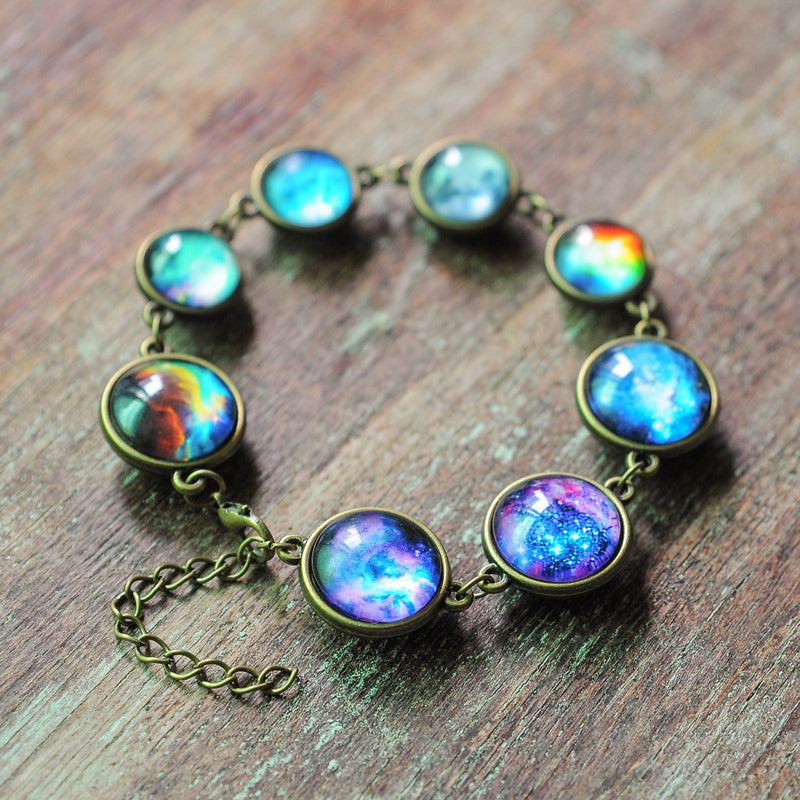 Cosmic Star Time Gem Double-Sided Glass Bracelet Necklace Jewelry Set