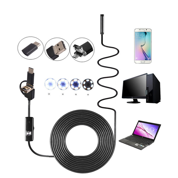 3-in-1 7mm 6LED Rigid Waterproof Endoscope USB Type C Borescope Inspection Camera 1/2/3.5/5M/10M