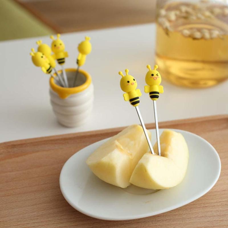 6 Pcs Silicone Bee Fruit Forks Mini Cartoon Animal Stainless Steel Salad Dessert Fruit Fork Picks