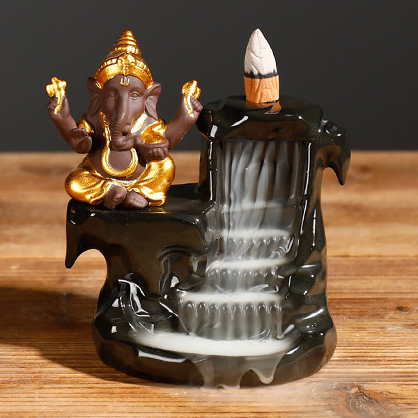 Backflow Incense Burner Ceramic Waterfall Smoke Lucky Elephant Incense Burner Holder for Home Decor Yoga Office Ornament with 10 Free Incense Cones