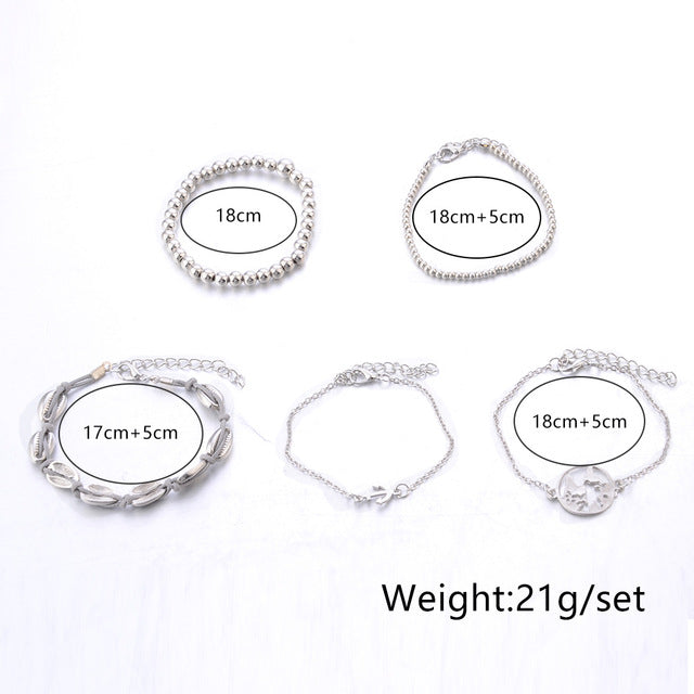 5-piece Simple Fashion Metal Shell Map Silver Beads Anchor Bracelet