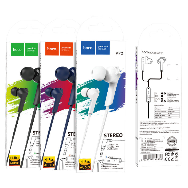 HOCO M72 Universal 3.5mm Wire Control In-ear Earphone Headphone with Mic for Mobile Phones