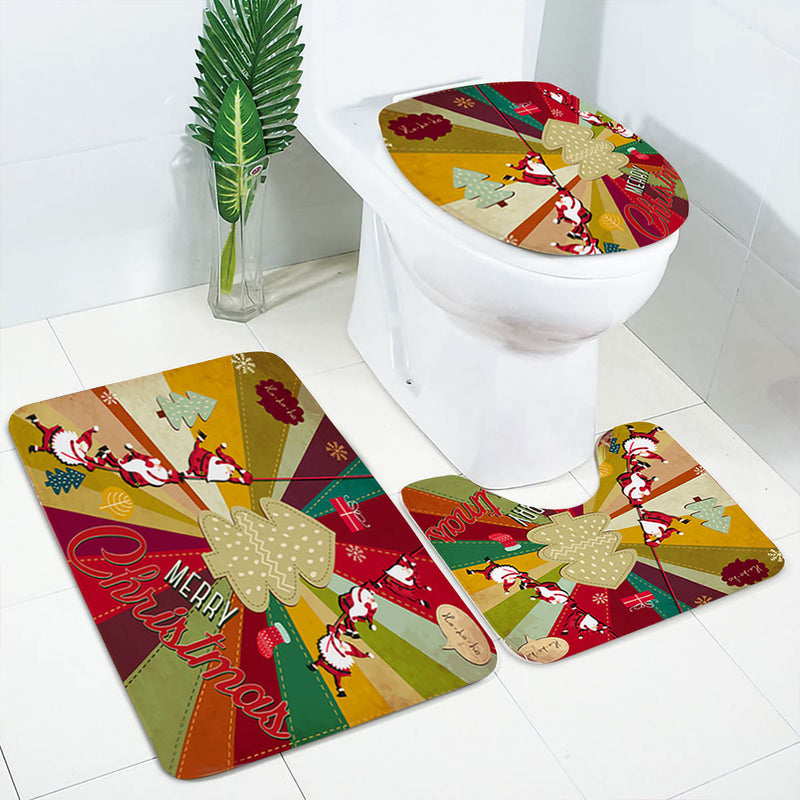Christmas Santa Claus Non-Slip Toilet Seat Cover Carpet Mats Shower Curtain Set