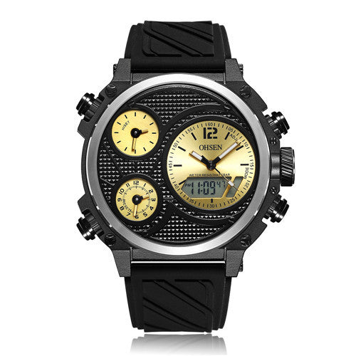 OHSEN AD1801 Unique Design Three Time Zones LED Military Style Dual Display Watch Digital Watch