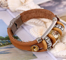 Retro Genuine Leather Wristband Bangle Punk Rhinestone Bead Bracelet for Women
