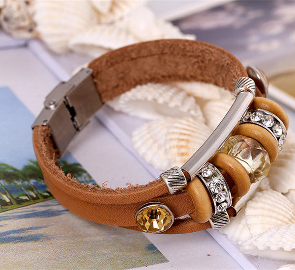 Retro Genuine Leather Wristband Bangle Punk Rhinestone Bead Bracelet for Women