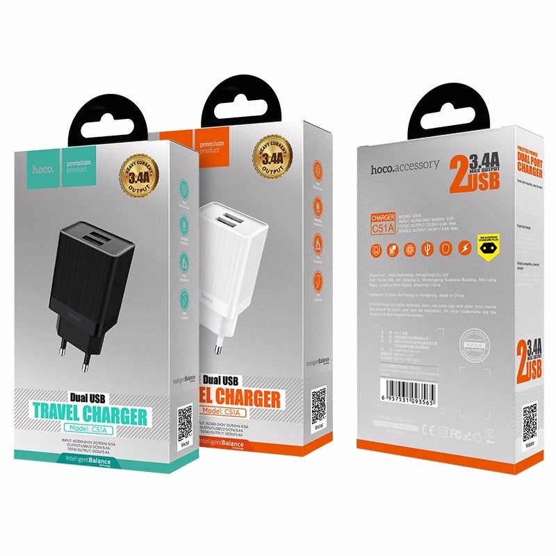 HOCO C51A Dual USB EU Plug Wall Smart USB Charger for Samsung Xiaomi Huawei