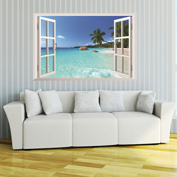 3D Hawaii Holiday Sea View Beach Window View Decal Wall Sticker