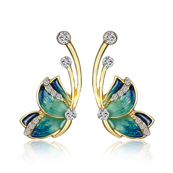 Luxury Butterfly Gold Earring Sweet Ceramic Rhinestones Crystal Ear Stud Gift for Women