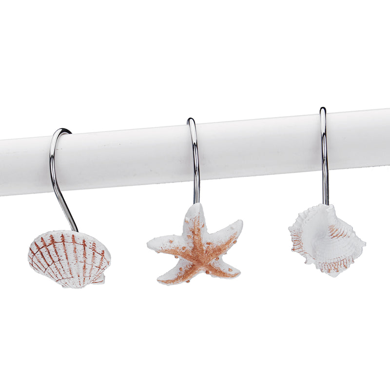 12Pcs/Pack Barthroom Shower Curtain Hooks Set for Shower Rod Beach Themed Starfish Shell Seashells Hook