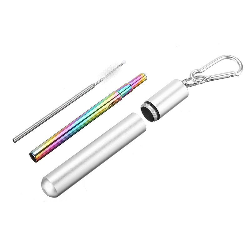Telescopic Reusable Drinking Straw Portable 3 Fold Stainless Steel Metal with Cleaning Brush