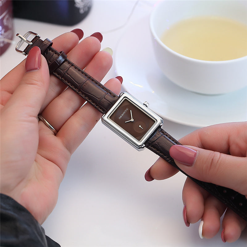 REBIRTH RE203 Square Dial Women Wrist Watch Elegant Design Leather Band Quartz Watches