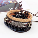 Vintage Multilayer Wood Beads Woven Leather Bracelet Leaf Pendant Unisex Bangle Chain