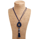 Retro Oval Rhinestone Pendant Long Necklace Velvet Tassels Charm Necklace Ethnic Jewelry for Women