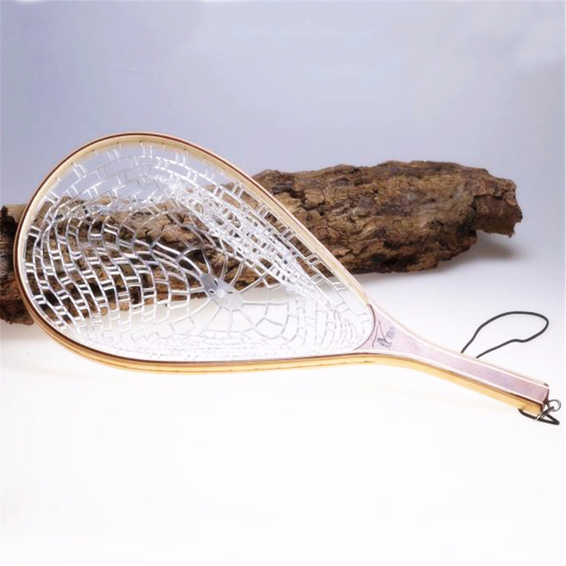 58CM Wooden Handle Fly Fish Fishing Landing Trout Clear Rubber Net Mesh Catch Tackle