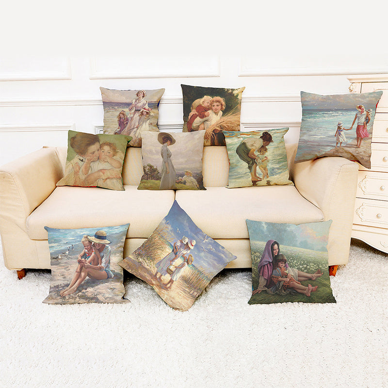 Oil Painting Style Cushion Cover Cotton Linen Square Pillow Case Mother's Day Gift