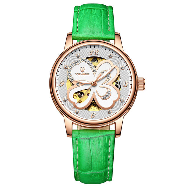 TEVISE T835A Women Automatic Mechanical Watch Fashionable Genuine Leather Band Watch