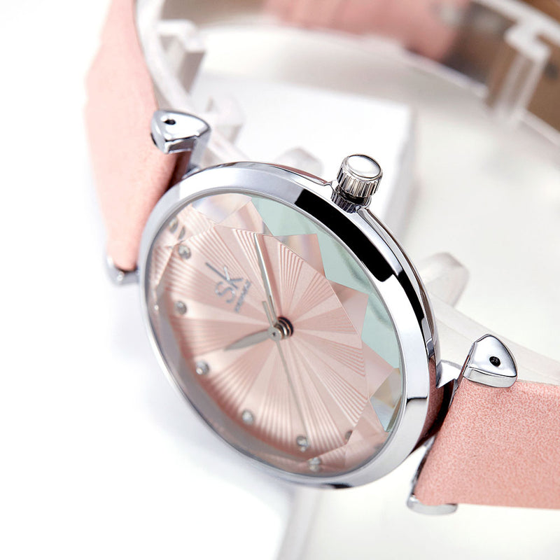 SHENGKE SK K0099 Crystal Radiation Pattern Dial Women Elegant Leather Strap Quartz Watch