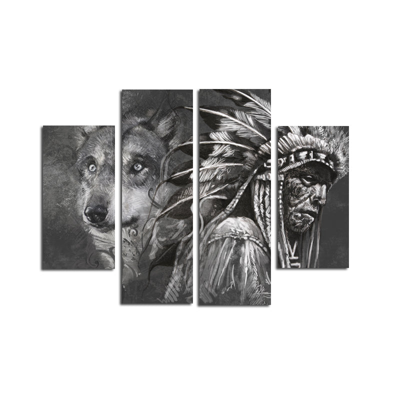 Miico Hand Painted Four Combination Decorative Paintings Indian And Wolf Wall Art For Home Decoration
