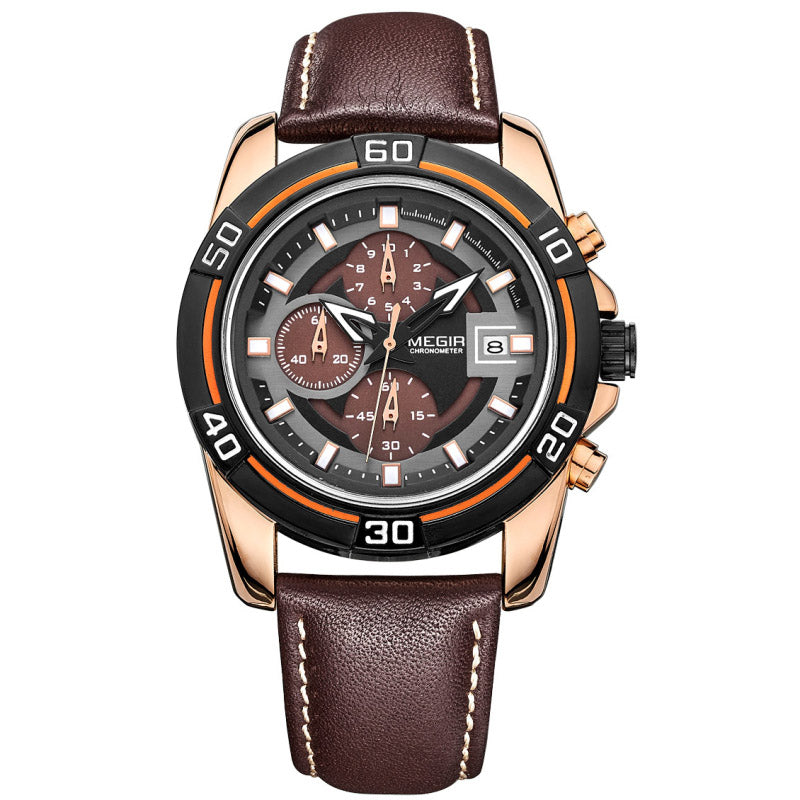 MEGIR 2023 Men Watch Luxury Leather Strap Chronograph Casual Male Quartz Wrist Watch