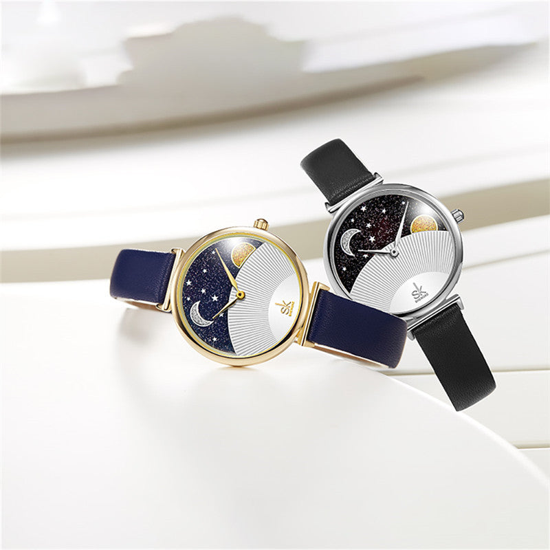 SHENGKE SK K0124 Starry Sky Good Night Stars Moon and Sun Patterns Fashion Women Leather Strap Quartz Watch