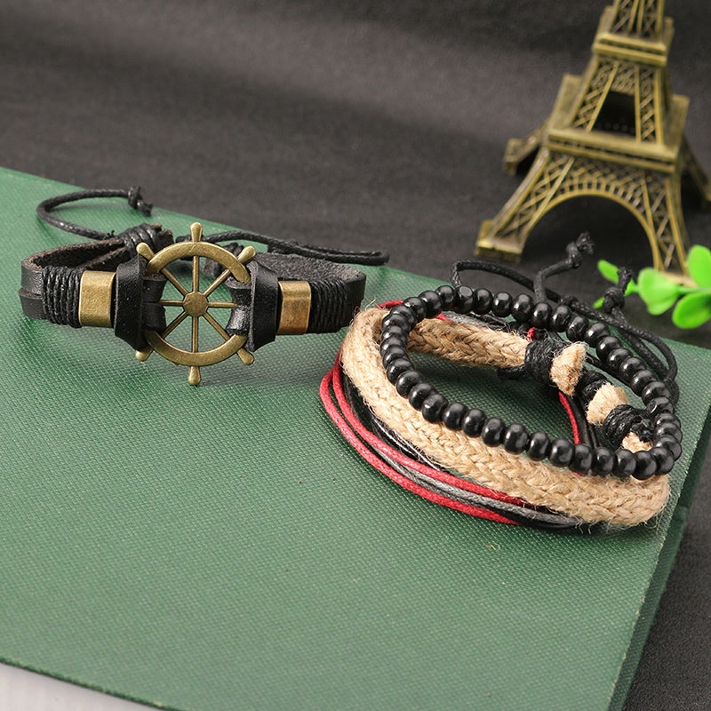 Punk Multilayer Hand Woven Bracelet Rudder Boat Anchor Beaded Bracelet Unisex Wholesale