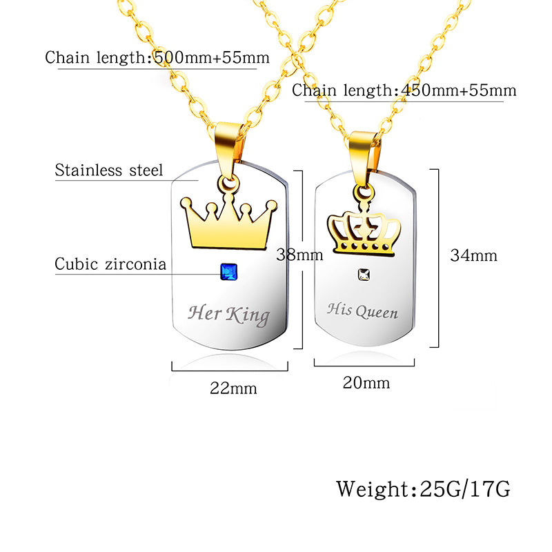 Her King His Queen Crown Couple Square Titanium Steel Necklace